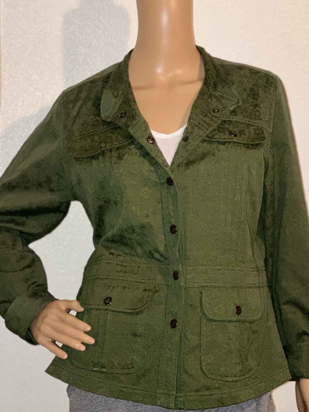Christopher & Banks Olive Green Tonal Floral Embossed Utility Jacket – Size M